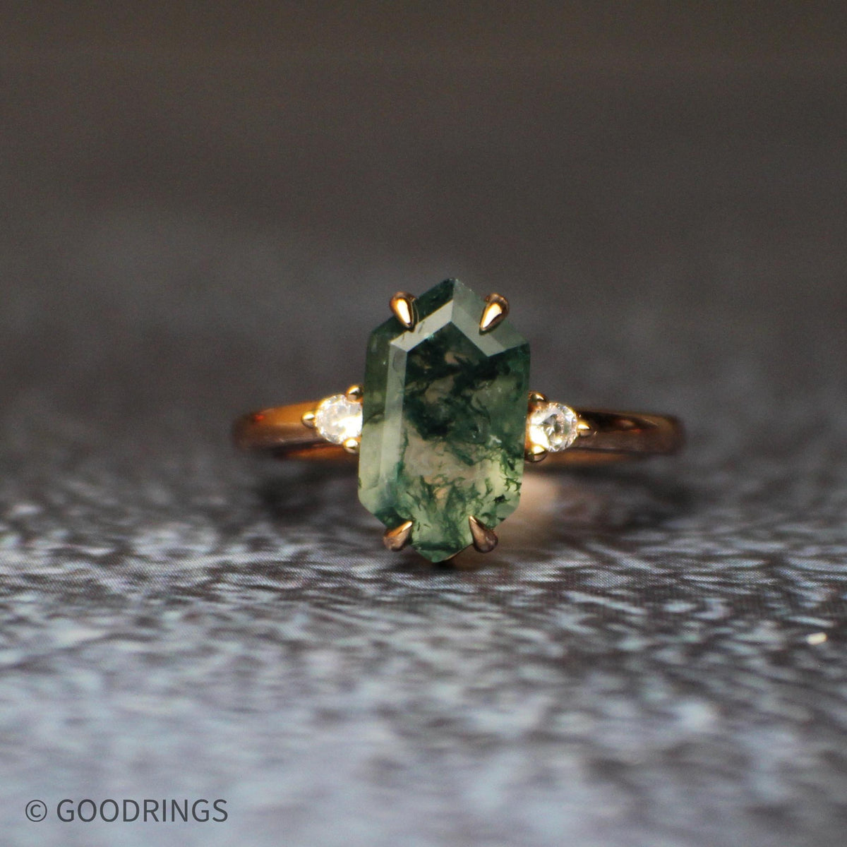 Wedding band for females with moss agate, rose gold and CZ stone