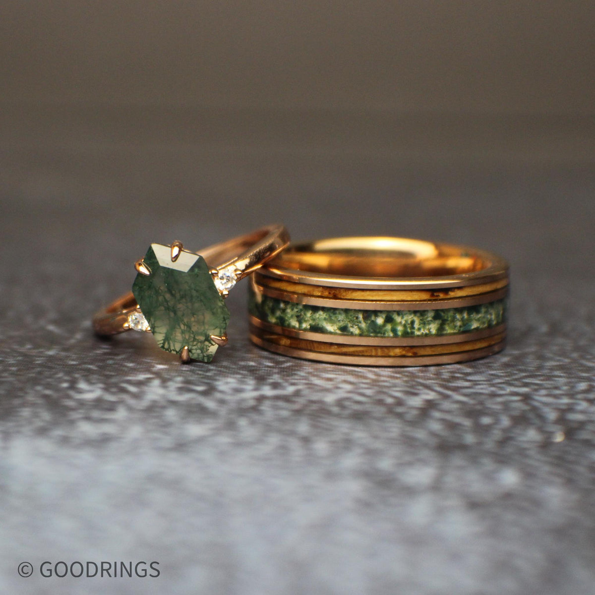 great couples moss agate ring set