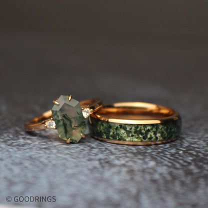 Female and male moss agate wedding ring set