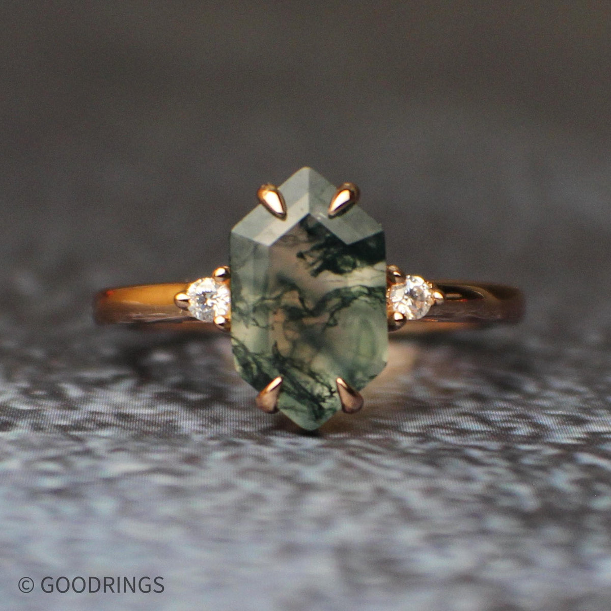 Moss Agate ring with CZ stone and 18K rose gold
