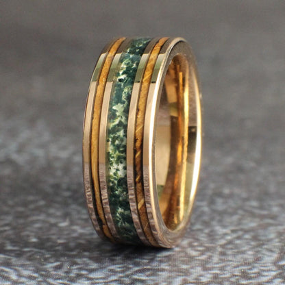 Men's 8mm wide, 18K rose gold with moss agate and whiskey barrel wedding ring