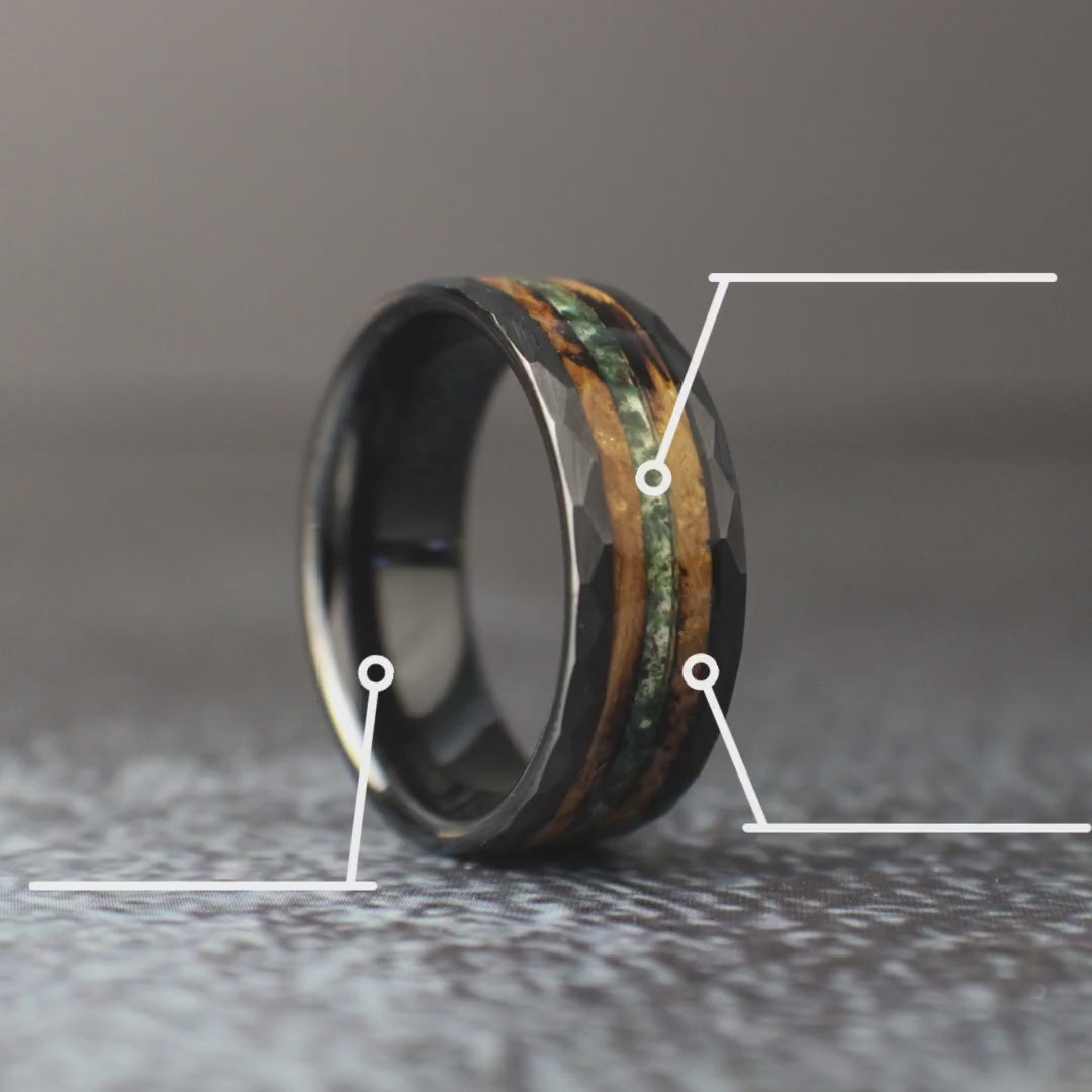 Whiskey Barrel Ring with Moss Agate, Moss Agate Ring, Hammered Moss Agate Ring, Men's Wedding Band, Men's Wedding Ring, Promise Ring