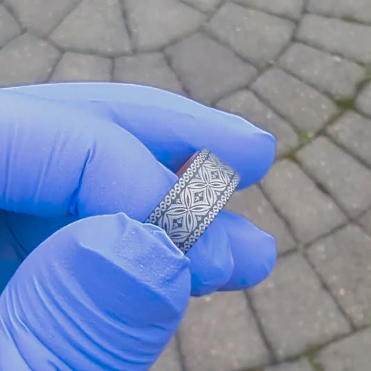 Hawaiian Wedding Ring, Polynesian inspired ring, Whiskey wood ring, Tungsten Ring, Men's Wedding Ring, Unique wedding band