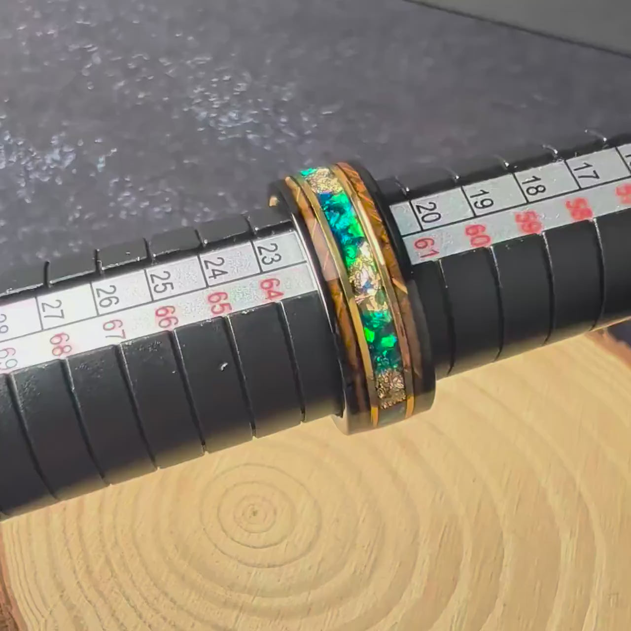 Men's Wedding Ring with Whiskey Wood and Green Opals
