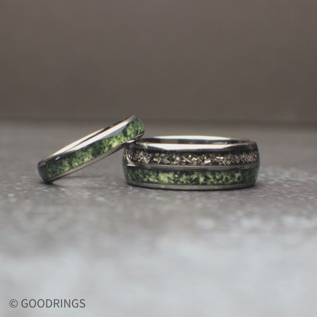 Couples Wedding Ring Set Moss Agate and Meteorite Silver Tungsten His and Hers Rings 8mm and 4mm Matching Bands