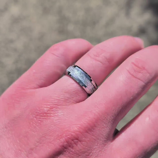 Men's Silver Wedding Ring | Tungsten Ring with Silver Leaf | Unique Wedding Band