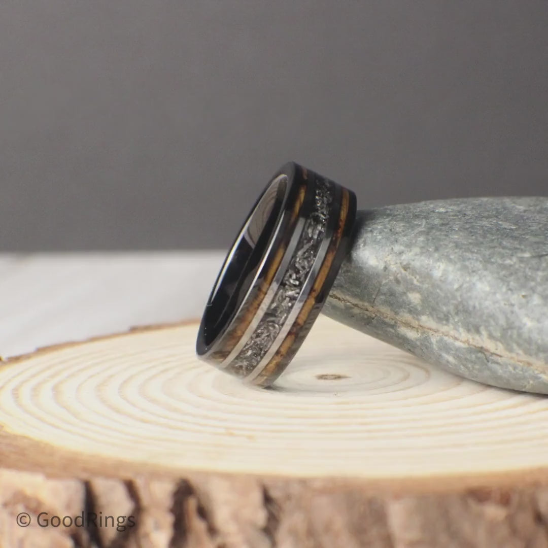 Charred Whiskey Wood Ring with Meteorite, Meteorite Ring, Tungsten wedding ring, Meteorite Wedding Band, Promise Ring, Anniversary Ring