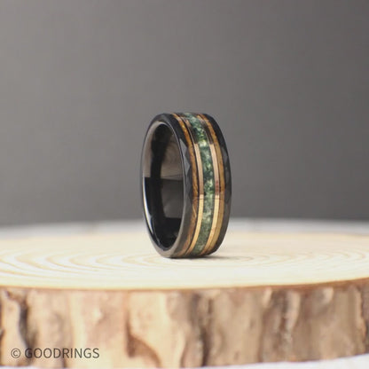 Moss Agate Ring with Rose Gold and Hammered Edges | Moss Agate Wedding Ring, Moss Agate Promise Ring, Moss Agate Anniversary Ring, 8mm Wide