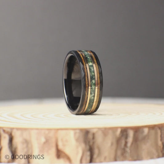 Moss Agate Ring with Rose Gold and Hammered Edges | Moss Agate Wedding Ring, Moss Agate Promise Ring, Moss Agate Anniversary Ring, 8mm Wide
