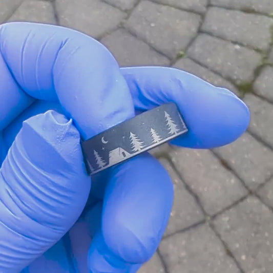 Whiskey Barrel Ring with Camping Tent, Tree ring, Forest Scene engraved on ring, Tree wedding band, Men's Wedding Ring, Whiskey Barrel Band