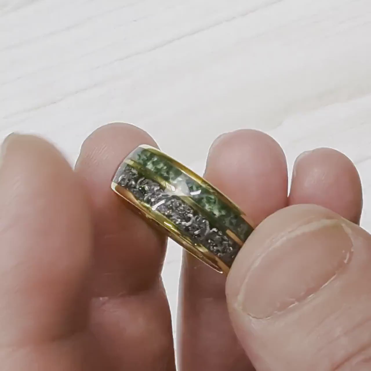 Men's Moss Agate Ring with Meteorite - Men's Wedding Band