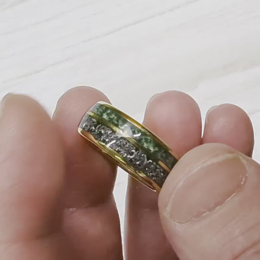Men's Moss Agate Ring with Meteorite - Men's Wedding Band