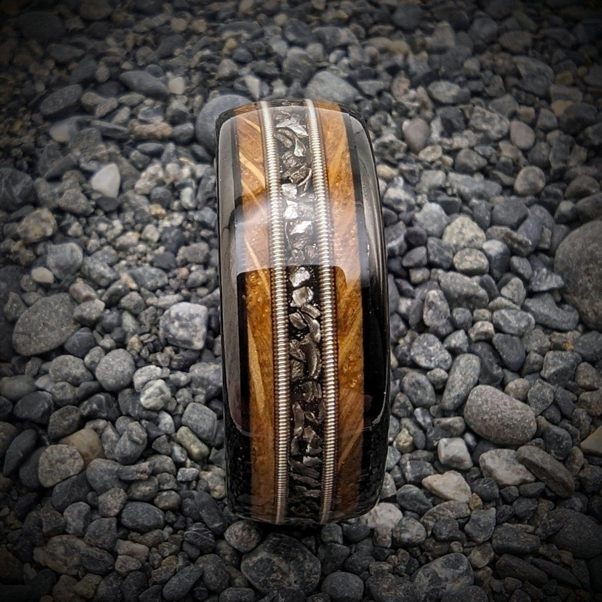 Guitar String Ring with Meteorite Shavings and Whiskey Barrel - GoodRingsUSA