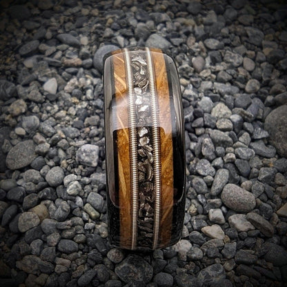 Guitar String Ring with Meteorite Shavings and Whiskey Barrel - GoodRingsUSA