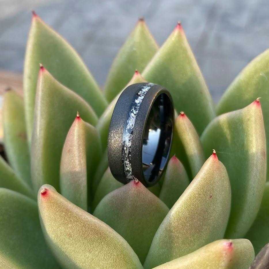 Muonionalusta meteorite in a sand blasted ring. Men's wedding ring