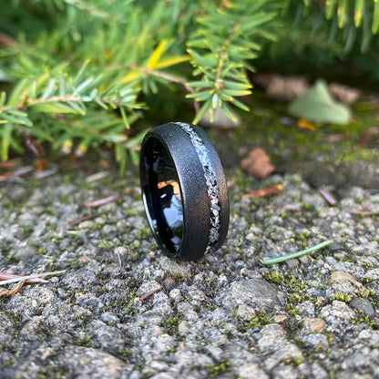Profile view of a meteorite ring which would make a greate wedding ring, anniversary ring, and promise ring.
