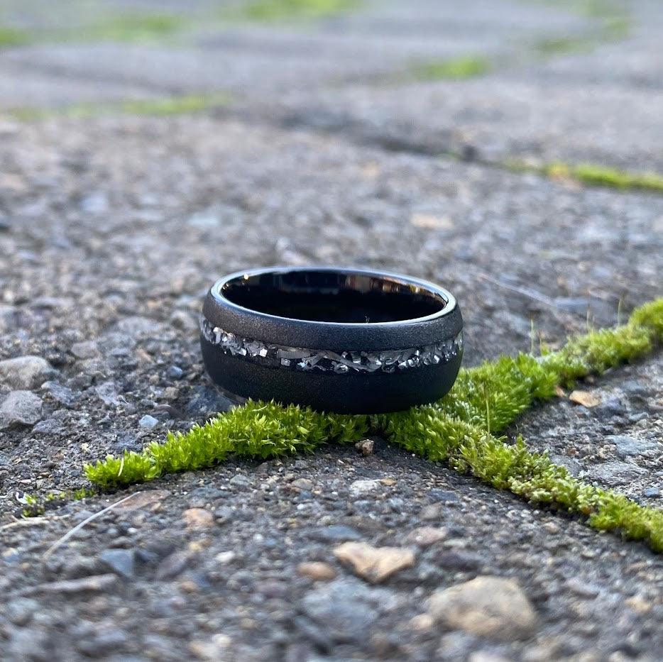 Meteorite shavings in a wedding ring for men