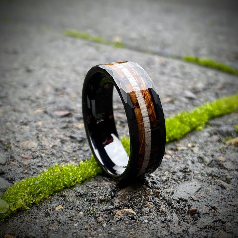 Whiskey barrel and Antler wedding ring