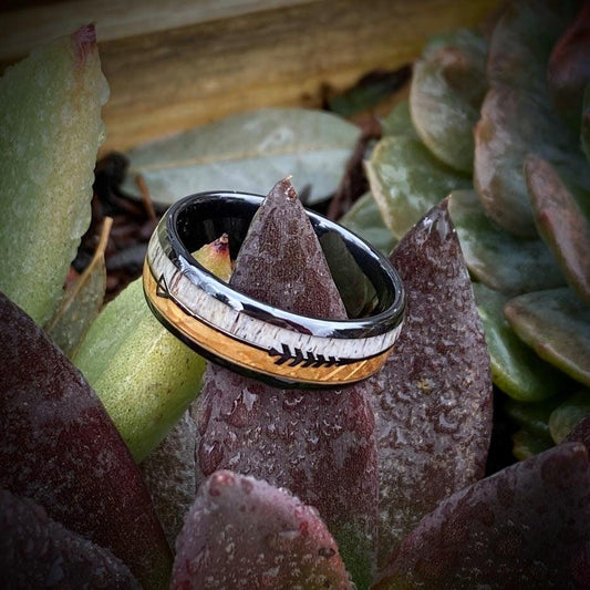 Whiskey Barrel and Antler Arrow Wedding Ring