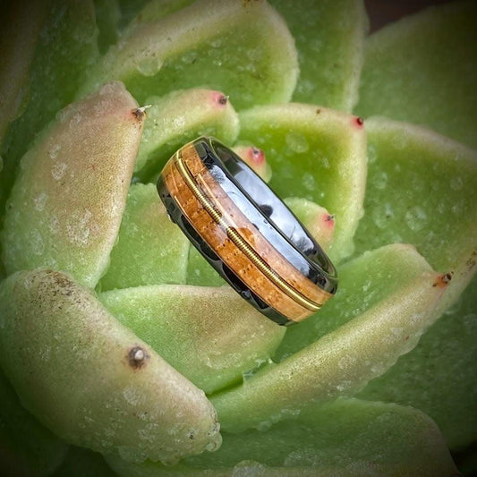 Guitar String and Whiskey Barrel Black Ceramic Wedding Ring - GoodRingsUSA