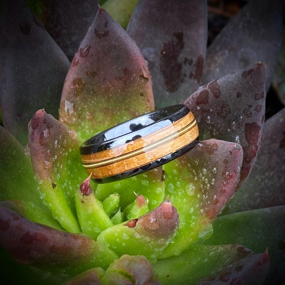 Guitar String and Whiskey Barrel Black Ceramic Wedding Ring - GoodRingsUSA