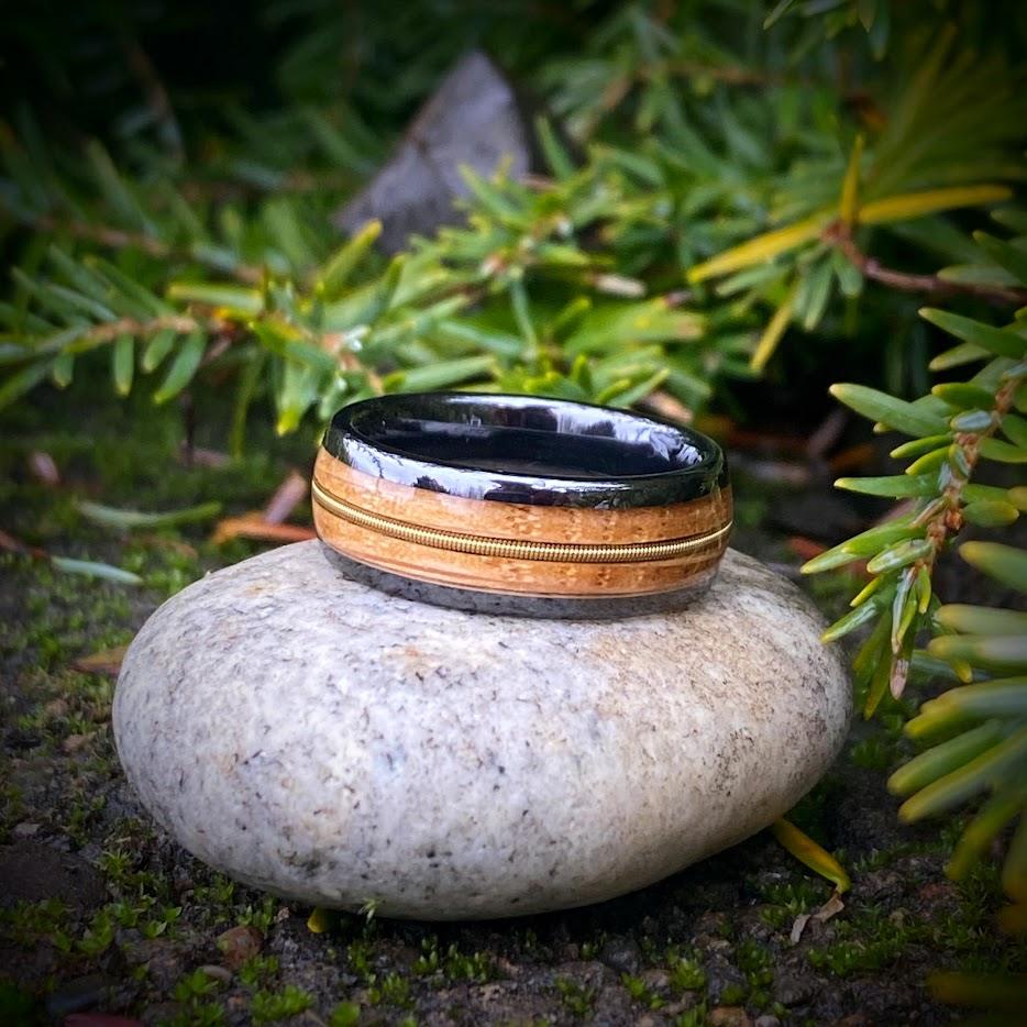 Guitar String and Whiskey Barrel Black Ceramic Wedding Ring - GoodRingsUSA