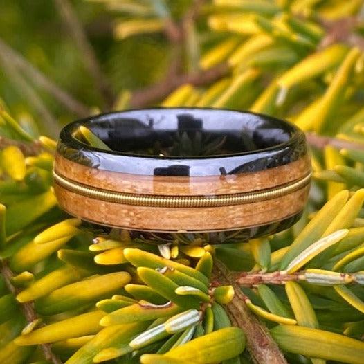 Guitar String and Whiskey Barrel Black Ceramic Wedding Ring - GoodRingsUSA