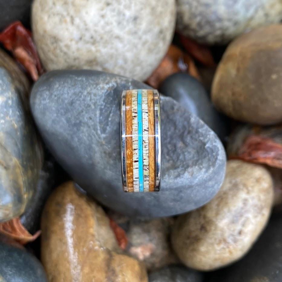 Whiskey Barrel Ring with Antler and Turquoise - GoodRingsUSA