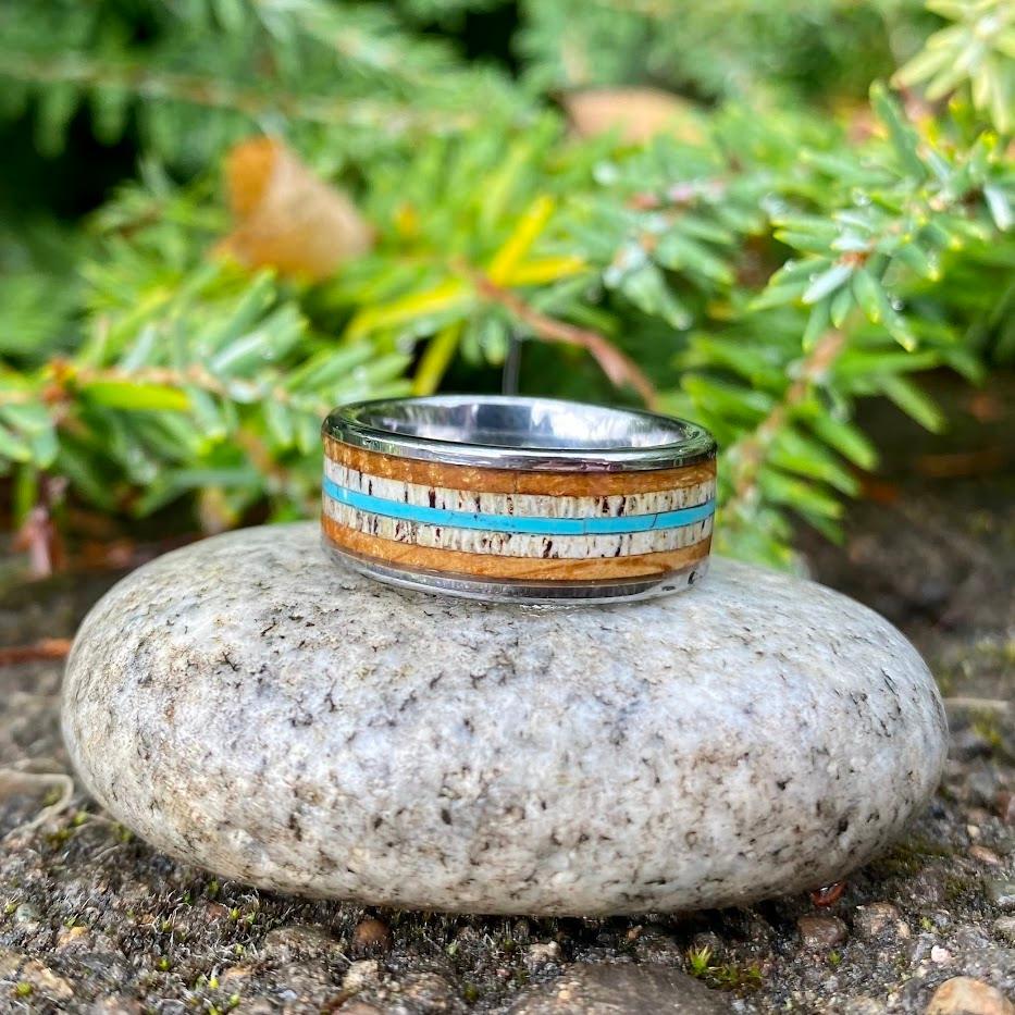 Whiskey Barrel Ring with Antler and Turquoise - GoodRingsUSA