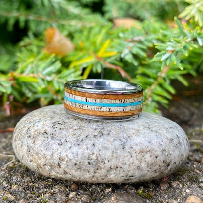 Whiskey Barrel Ring with Antler and Turquoise - GoodRingsUSA