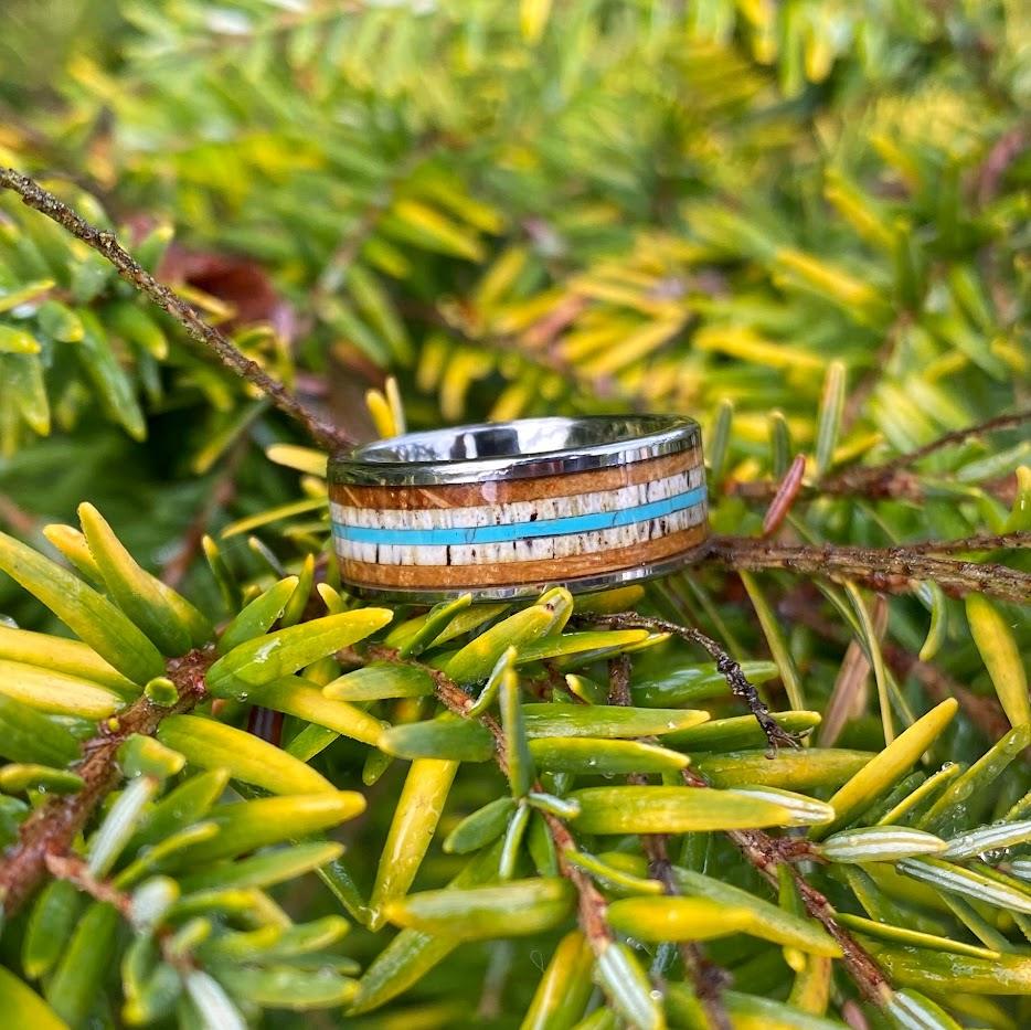 Whiskey Barrel Ring with Antler and Turquoise - GoodRingsUSA
