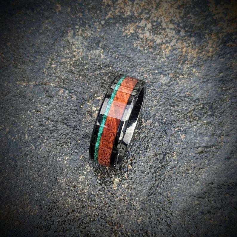 Rose wood wedding ring with Malachite offset inlay in a black ceramic core