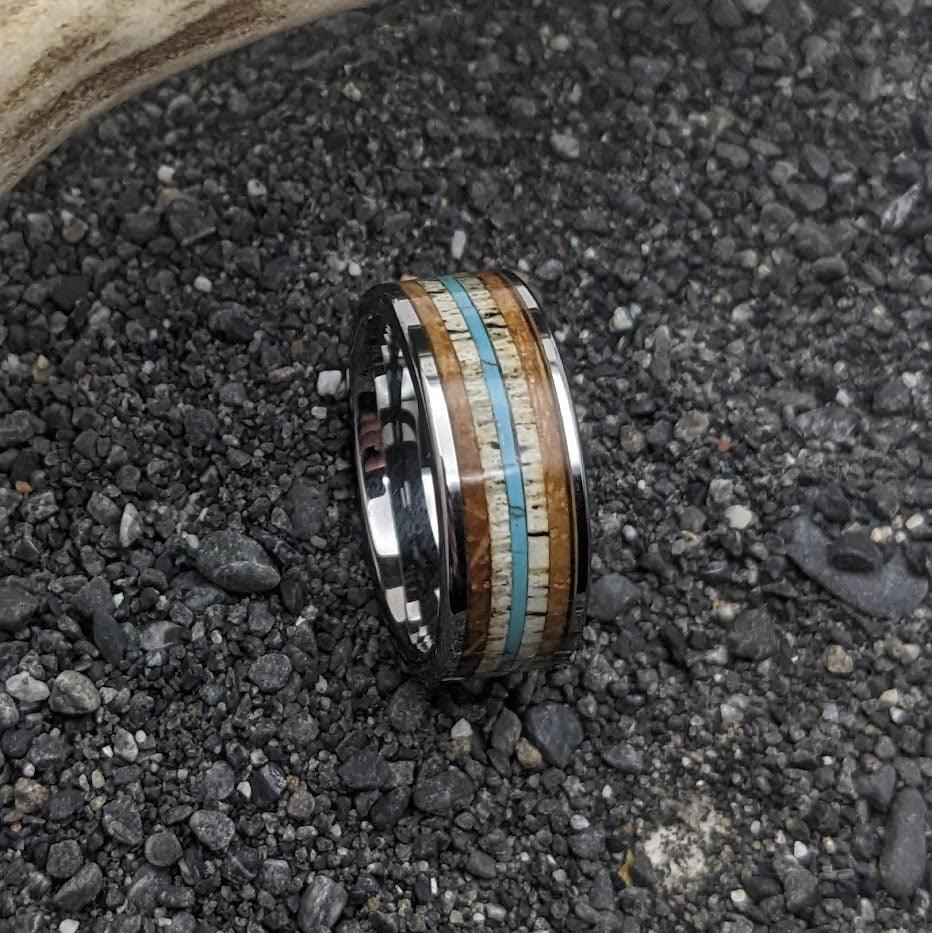Whiskey Barrel Ring with Antler and Turquoise - GoodRingsUSA