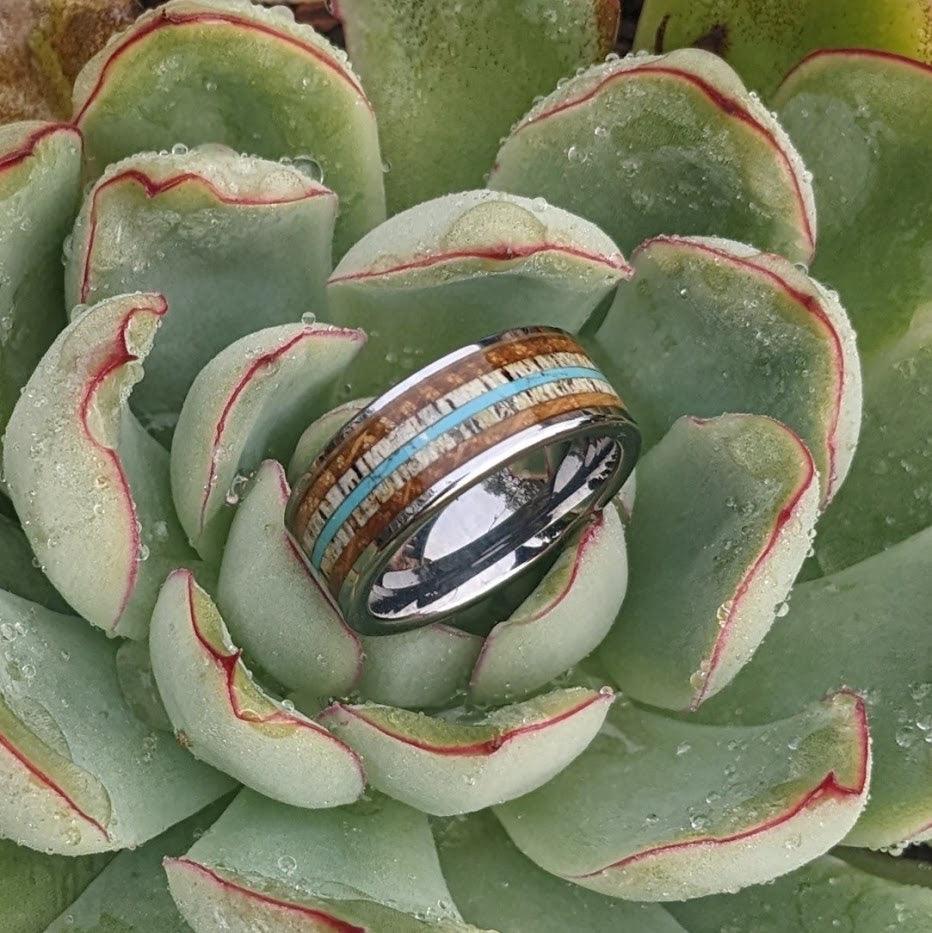 Whiskey Barrel Ring with Antler and Turquoise - GoodRingsUSA