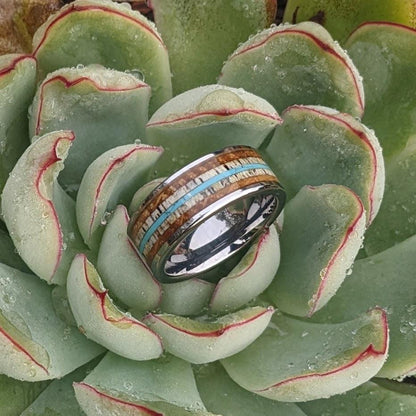 Whiskey Barrel Ring with Antler and Turquoise - GoodRingsUSA