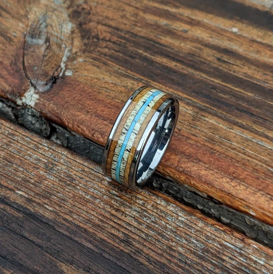 Whiskey Barrel Ring with Antler and Turquoise - GoodRingsUSA