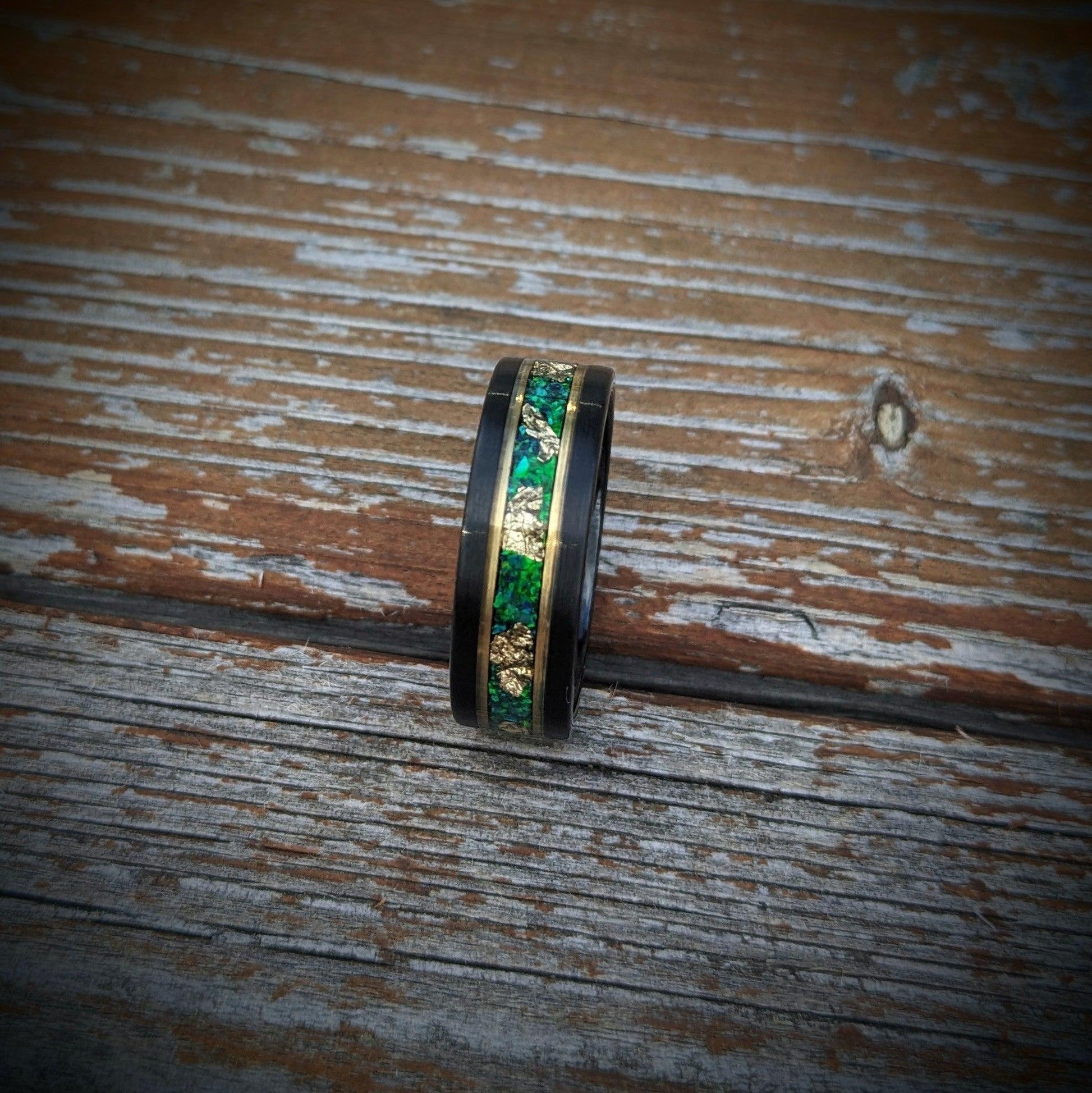 Green Opal and Gold Leaf Tungsten Wedding Ring - GoodRingsUSA