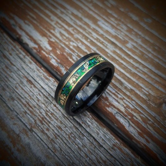 Green Opal and Gold Leaf Tungsten Wedding Ring - GoodRingsUSA
