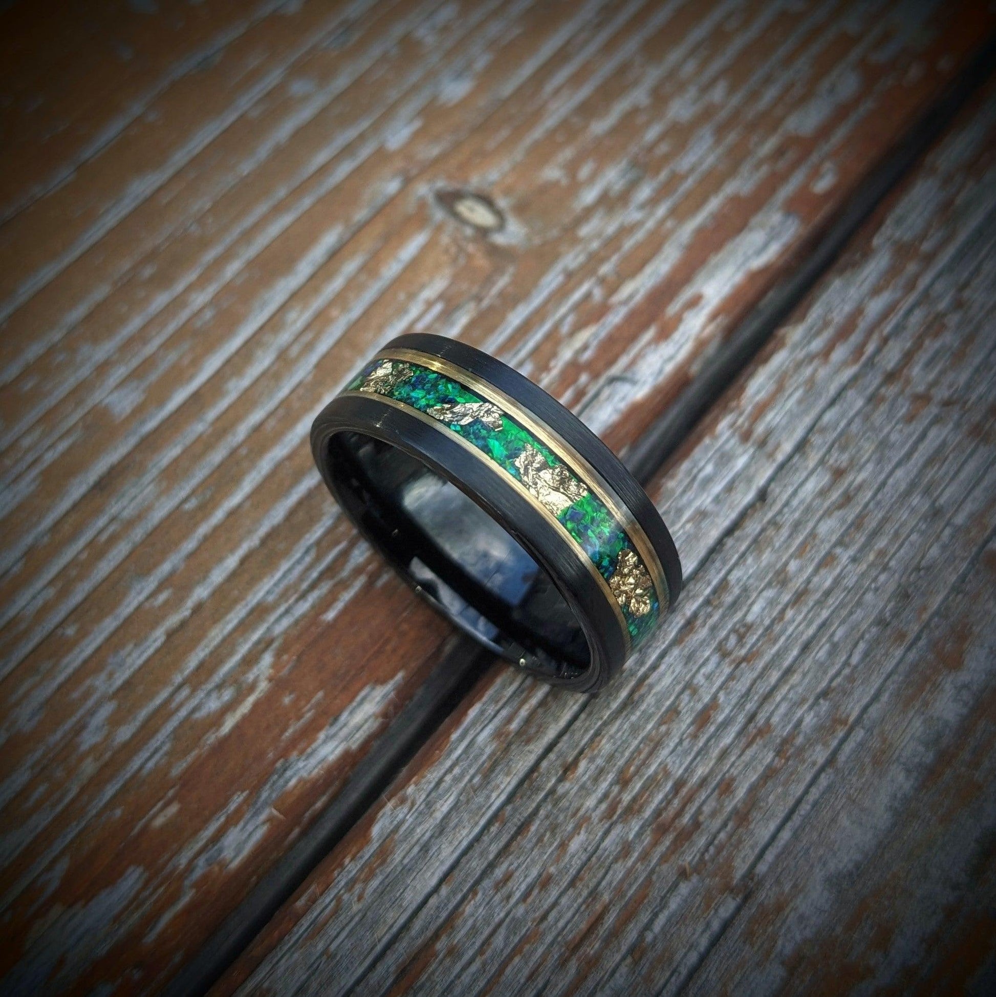 Green Opal and Gold Leaf Tungsten Wedding Ring - GoodRingsUSA