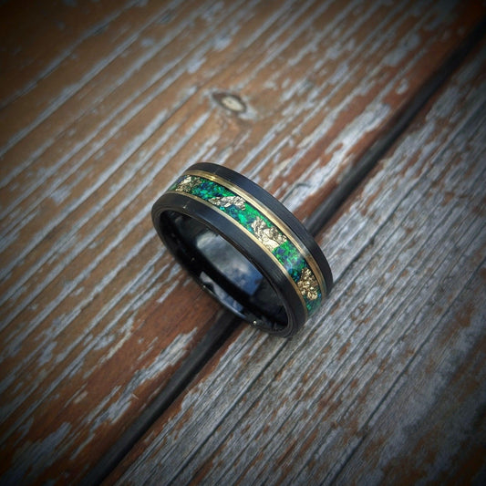 Green Opal and Gold Leaf Tungsten Wedding Ring