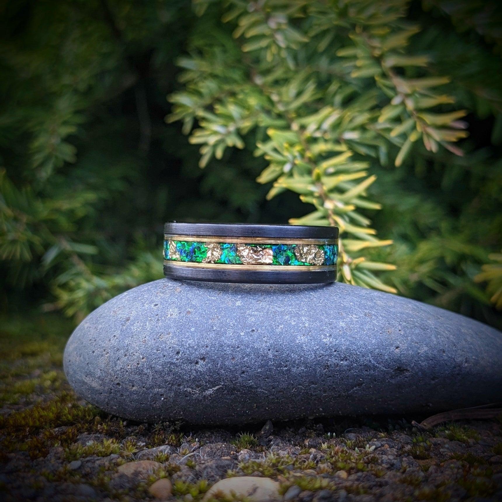 Green Opal and Gold Leaf Tungsten Wedding Ring - GoodRingsUSA