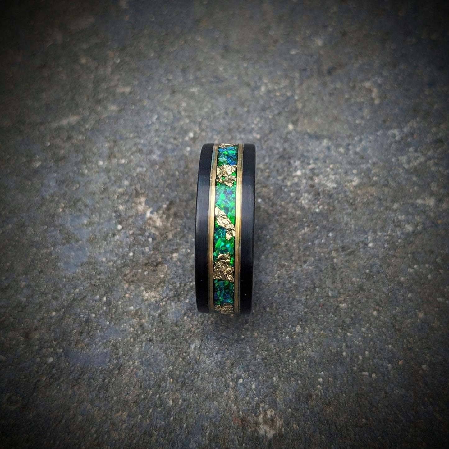 Green Opal and Gold Leaf Tungsten Wedding Ring