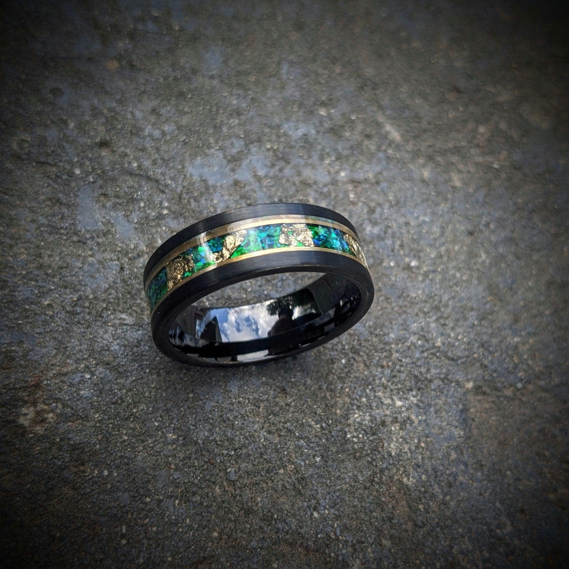 Green Opal and Gold Leaf Tungsten Wedding Ring - GoodRingsUSA