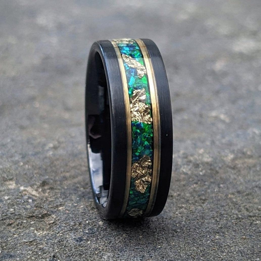 Green Opal and Gold Leaf Tungsten Wedding Ring - GoodRingsUSA