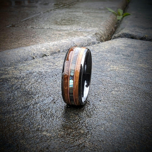 Whiskey Barrel Guitar String Ring with Abalone Shell - GoodRingsUSA