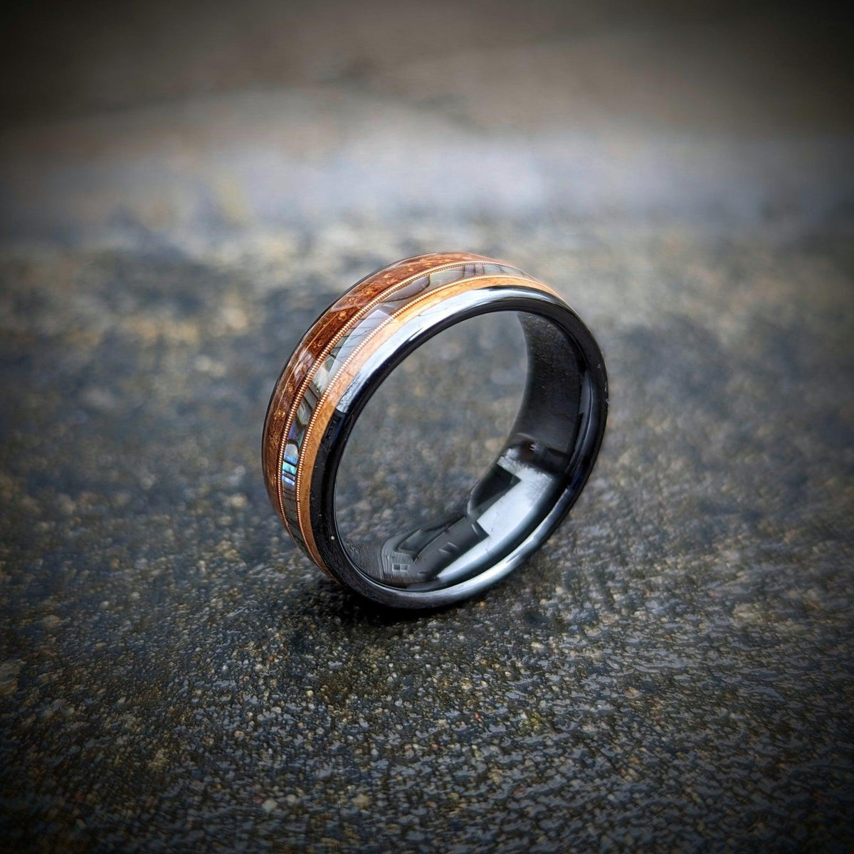 Whiskey Barrel Guitar String Ring with Abalone Shell - GoodRingsUSA