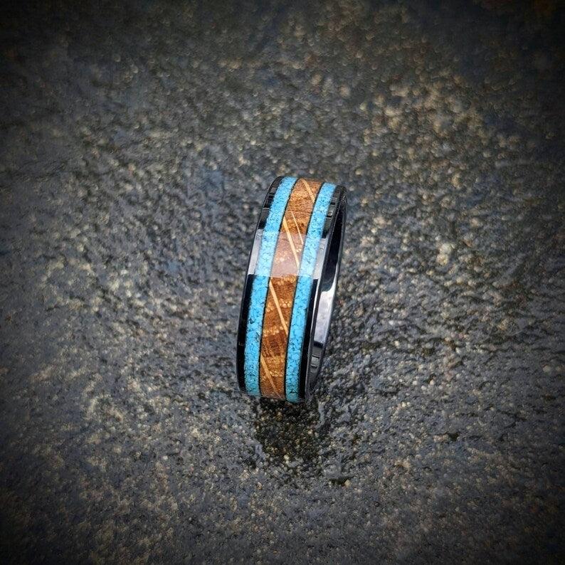 Whiskey Barrel and Turquoise Wedding Ring - GoodRingsUSA