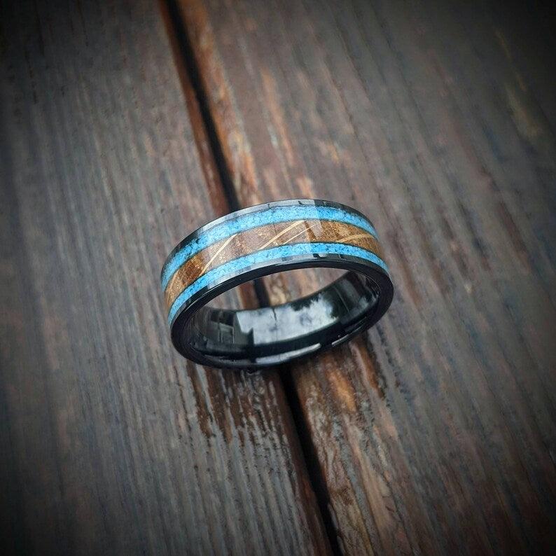 Whiskey Barrel and Turquoise Wedding Ring - GoodRingsUSA