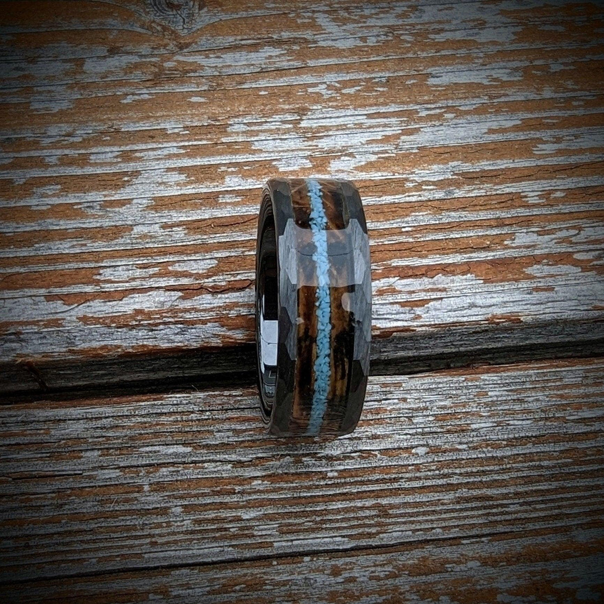 Turquoise Wedding Ring with Burnt Whiskey Barrel in a Hammered Core, Whiskey Barrel Ring, Turquoise Wedding Ring, Men's Wedding Ring