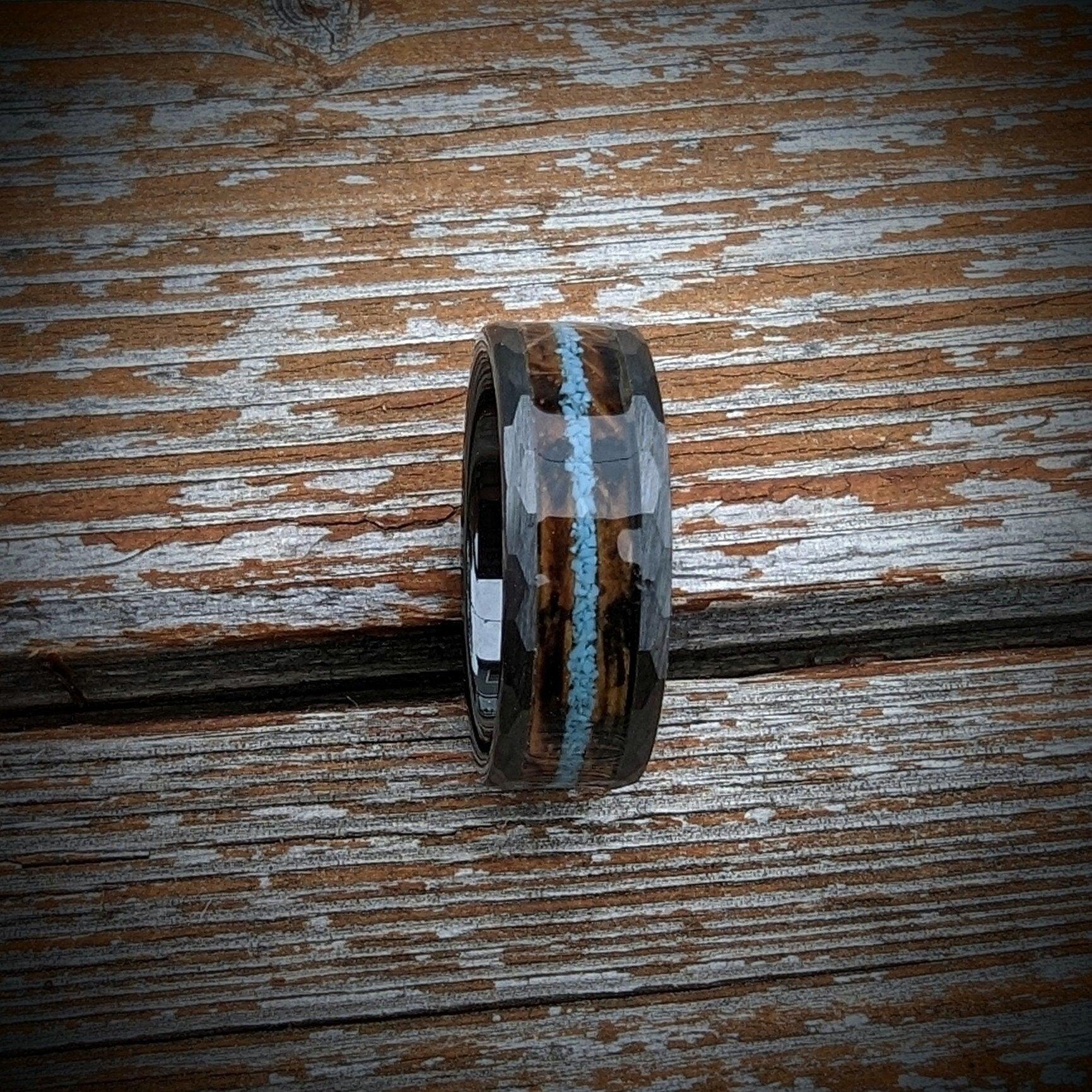 Turquoise Wedding Ring with Burnt Whiskey Barrel in a Hammered Core, Whiskey Barrel Ring, Turquoise Wedding Ring, Men's Wedding Ring